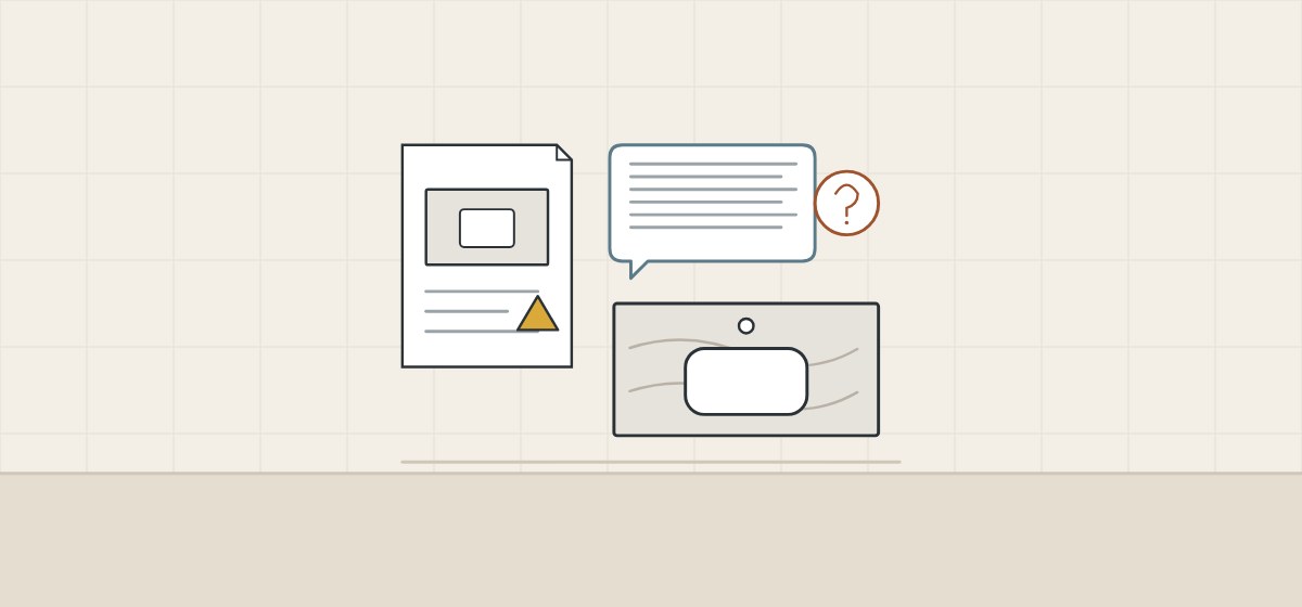 Illustration of a drawing sheet with a revision triangle, a message bubble with a question mark and a vanity top