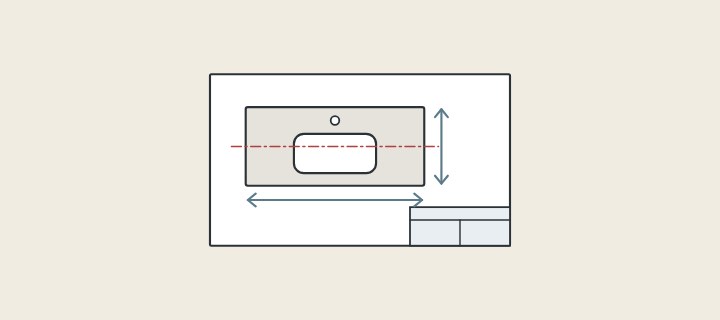 Illustration: a drawing sheet with a title block and a plan of a vanity top with dimension arrows and a centre line