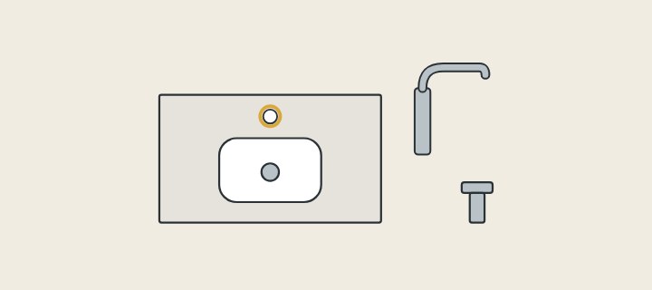 Illustration: a vanity top seen from above with its basin cut-out and circled faucet hole, beside a faucet and a drain fitting