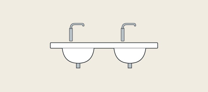 Illustration: a long vanity top in section with two integrated basins, each with a faucet and a waste outlet
