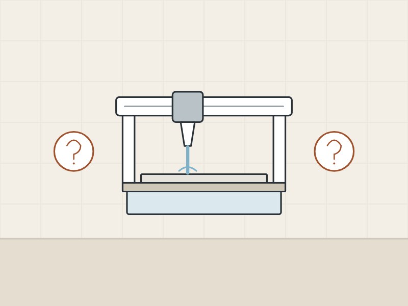 Illustration of a bridge cutting machine between two question marks