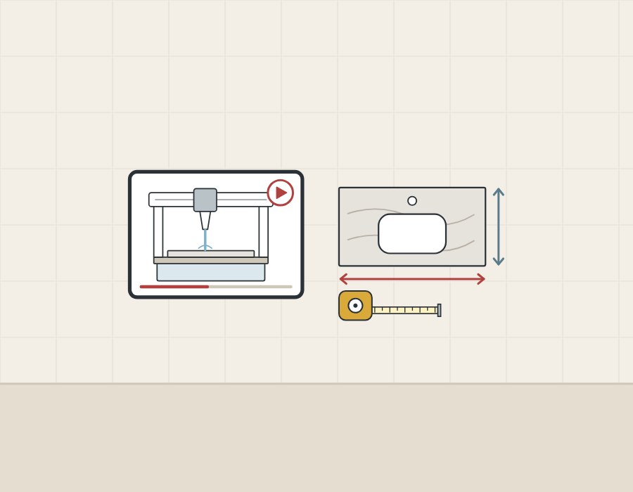 Illustration of a video frame showing a cutting machine beside a vanity top with dimension arrows and a tape measure