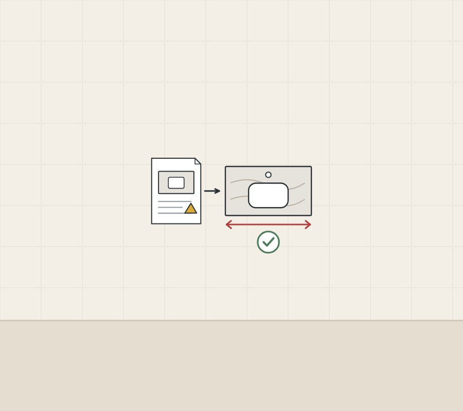 Illustration of a drawing sheet with an arrow to a vanity top with a dimension arrow and a tick