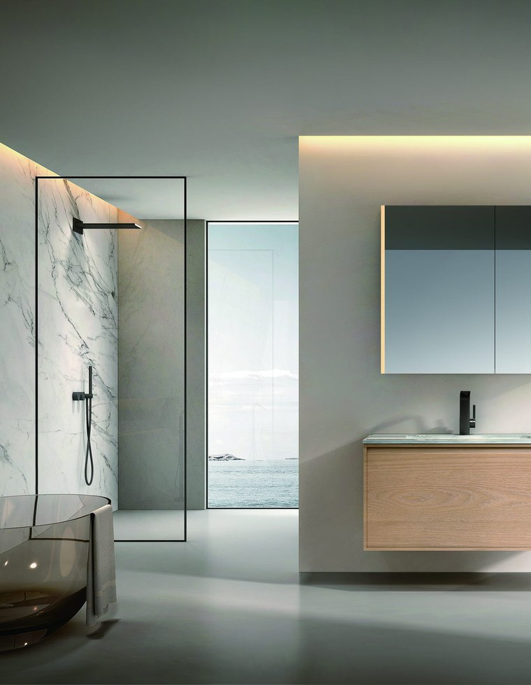 A wet room with a freestanding tub and an open shower area