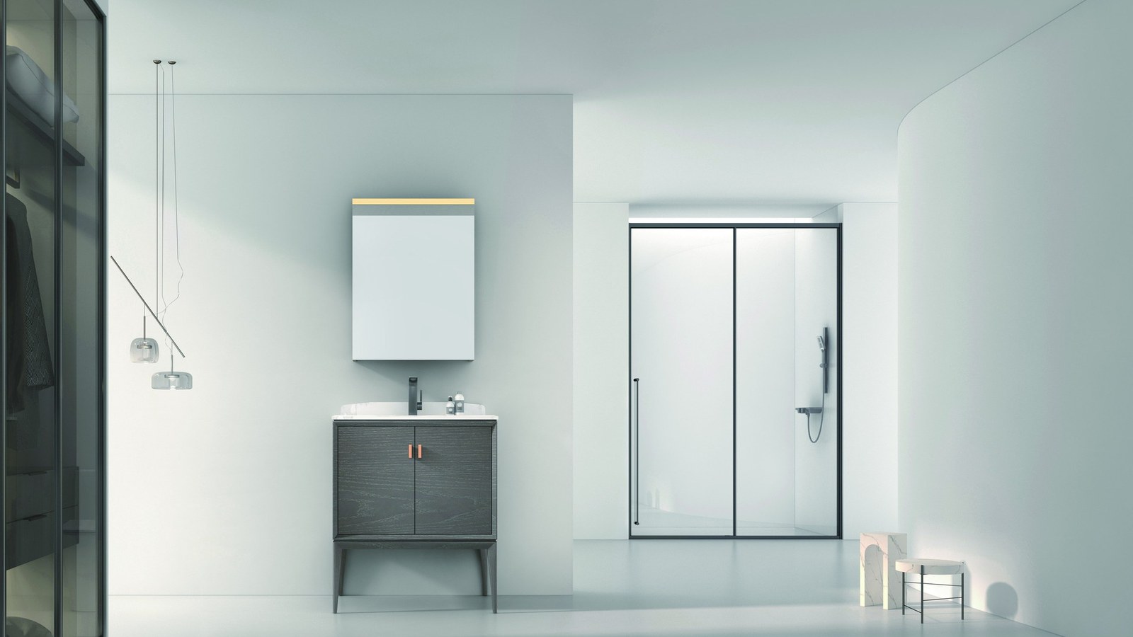 A pale bathroom with a mirror above a vanity beside a shower