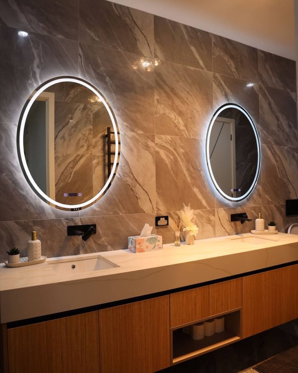 A wall-mounted bathroom vanity in a finished bathroom