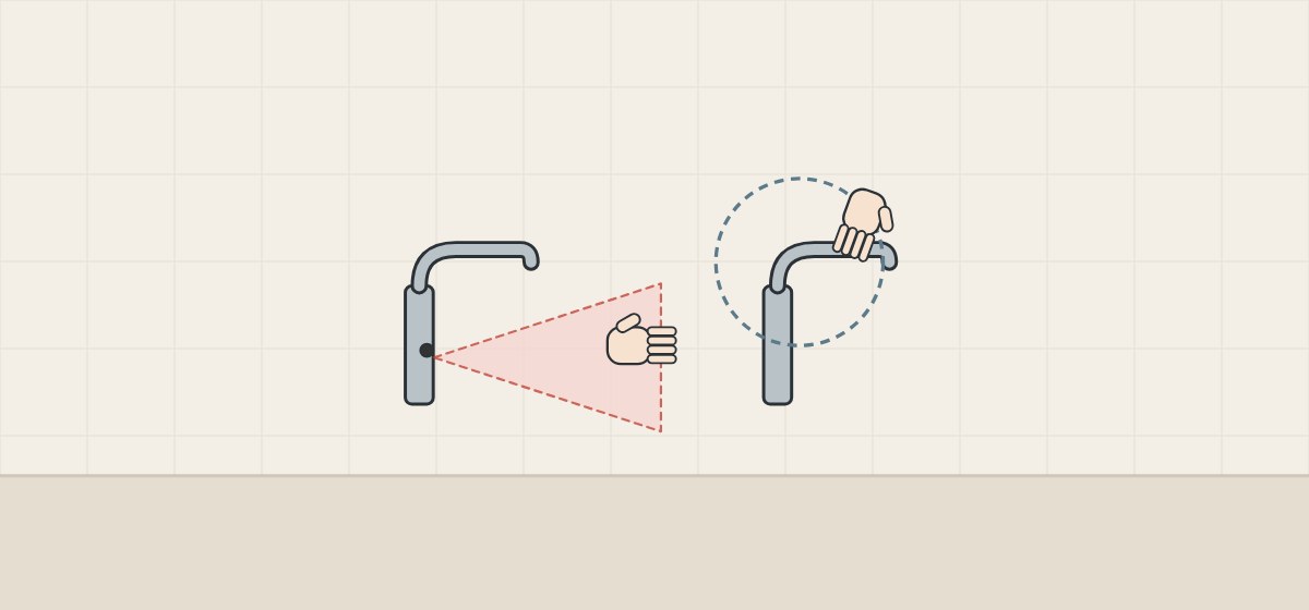 Illustration comparing a faucet emitting an infrared cone with a faucet surrounded by a capacitive field