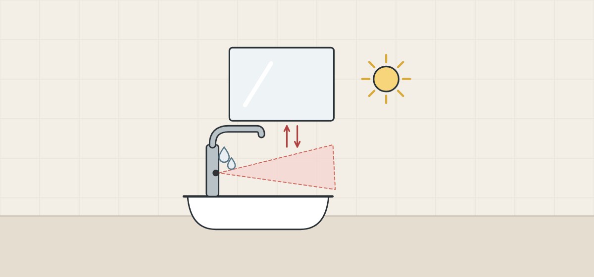 Illustration of a mirror reflection, a bright light and water drops around a sensor faucet