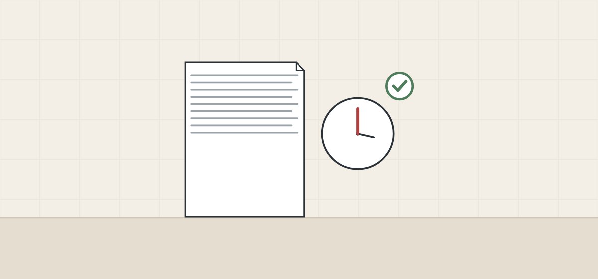 Illustration of a rule document beside a clock face and a tick