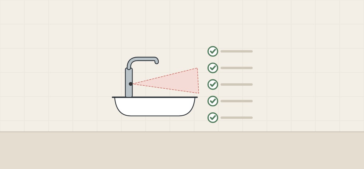 Illustration of a sensor faucet sample on a basin beside a ticked checklist