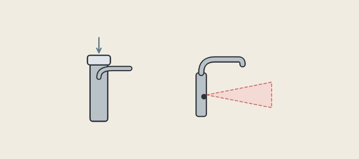 Illustration: a push-button faucet and a sensor faucet with its detection zone