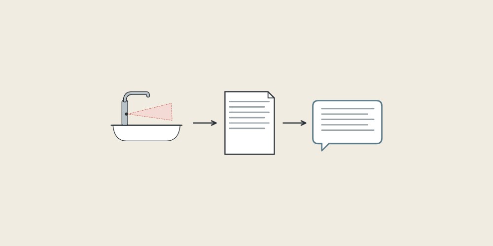 Illustration of a washstand, a document and a message bubble linked by arrows