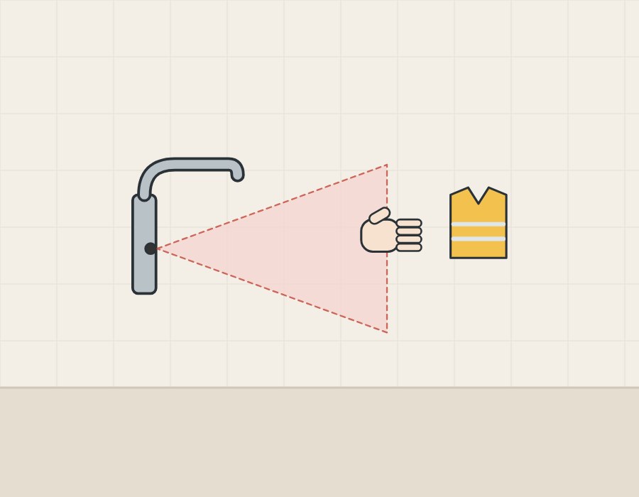 Illustration of a sensor faucet’s infrared cone reaching a hand, with a reflective safety vest just beyond its edge