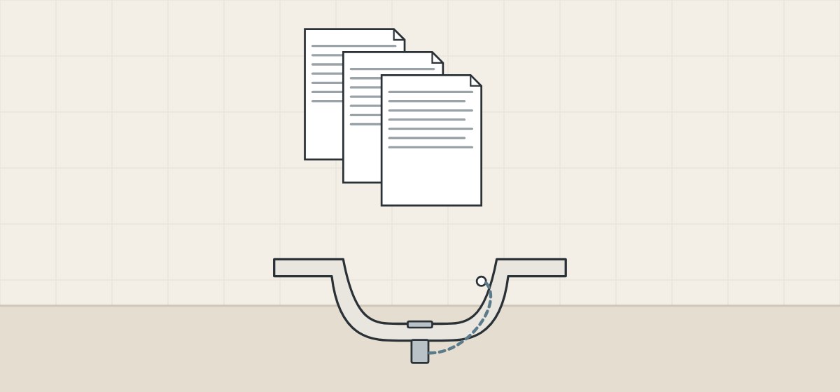 Illustration of three standard documents above a one-piece top shown in section