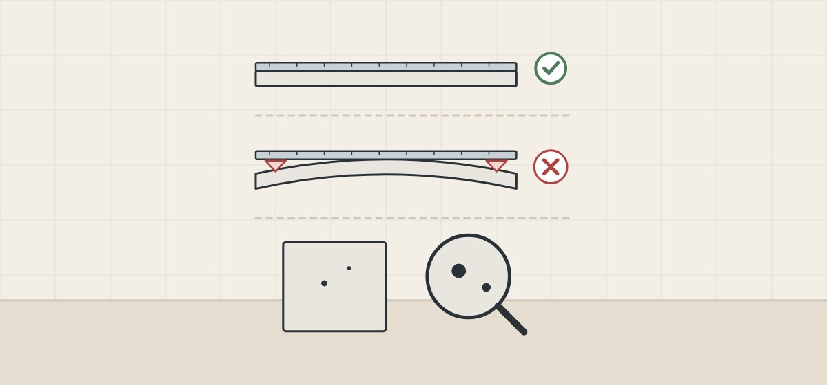 Illustration of a straightedge on a flat slab and on a bowed slab with gaps, above a sample with two pin holes under a magnifier