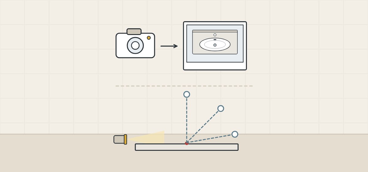 Illustration of a camera producing one photograph, above a mark on a slab viewed from three angles under a low lamp