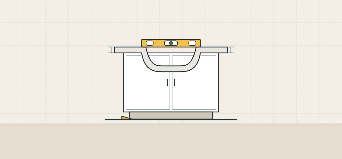 Illustration of a one-piece top resting on a cabinet with a level on the deck and a shim under the cabinet