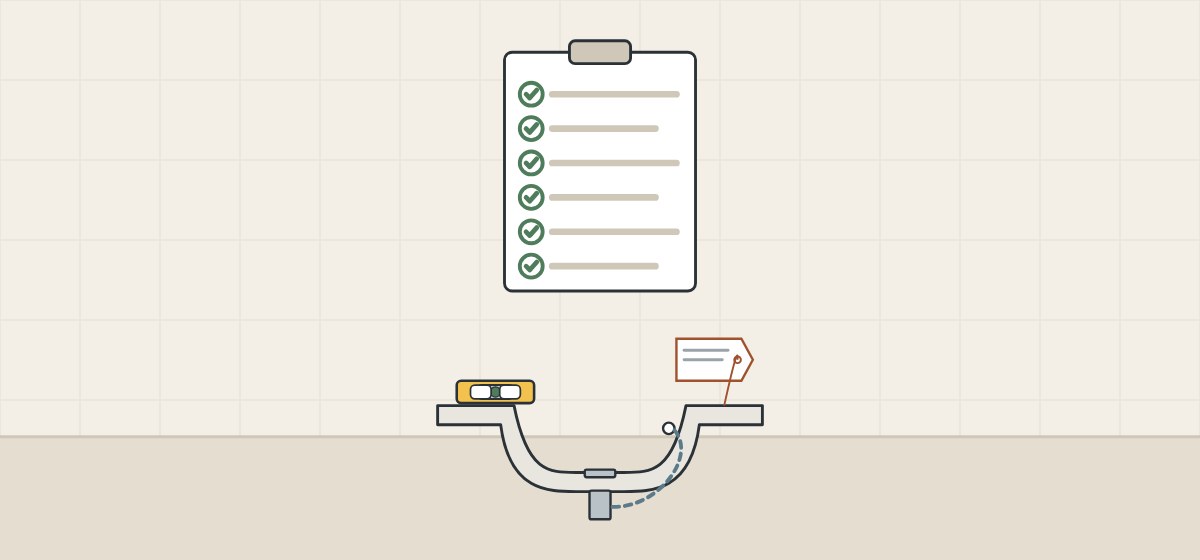 Illustration of a clipboard with ticked lines above a one-piece top carrying a level and an identification tag