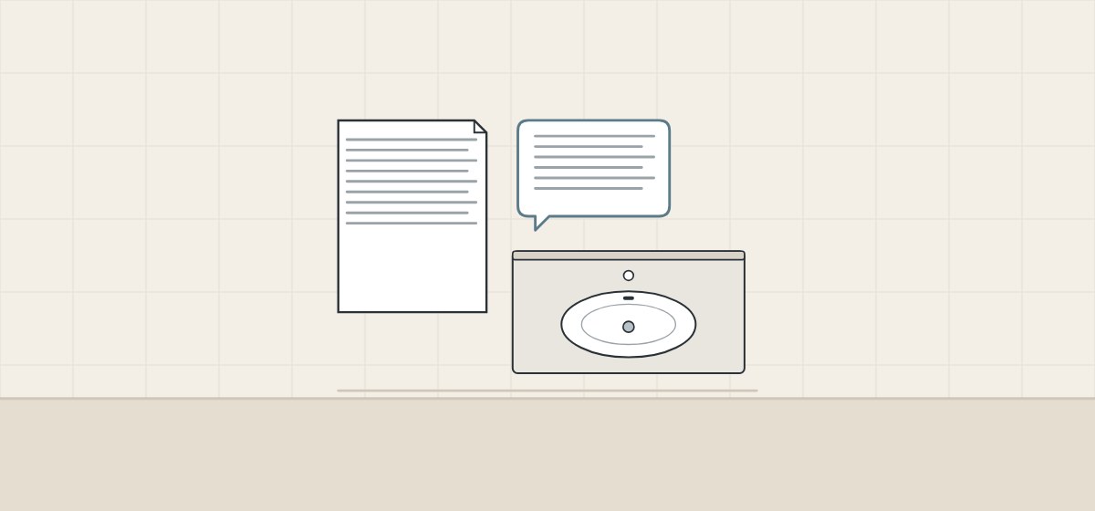Illustration of a document, a message bubble and a vanity top seen from above