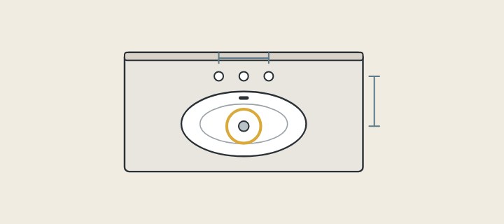 Illustration of a vanity top seen from above with faucet holes, a drain opening and dimension lines