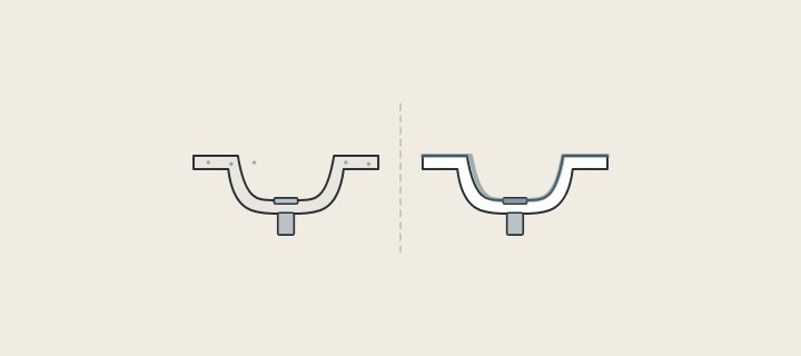 Illustration of two one-piece basin tops in section, one with a speckled body and one with a surface layer drawn along it