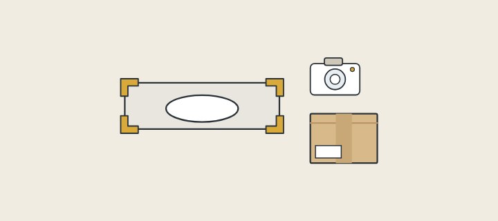 Illustration of a vanity top with protectors on its four corners beside a camera and a carton