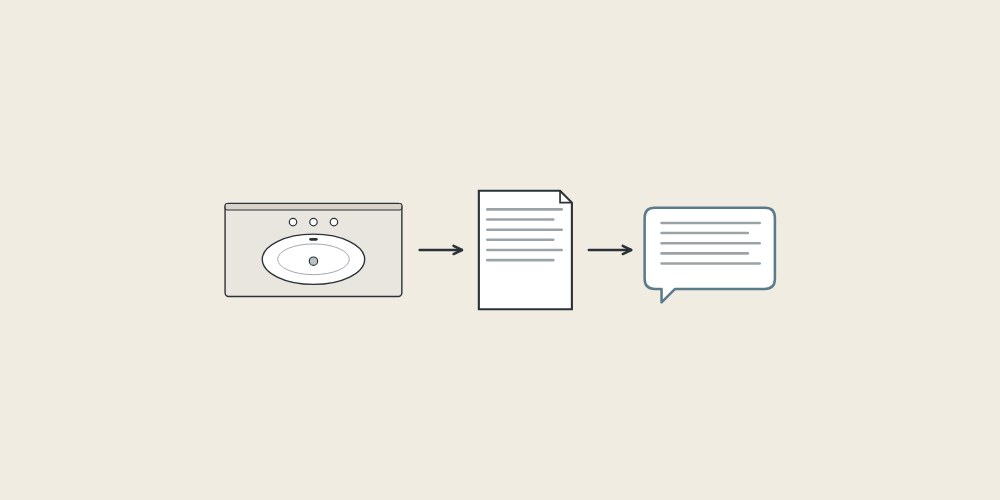Illustration of a top seen from above, a document and a message bubble linked by arrows