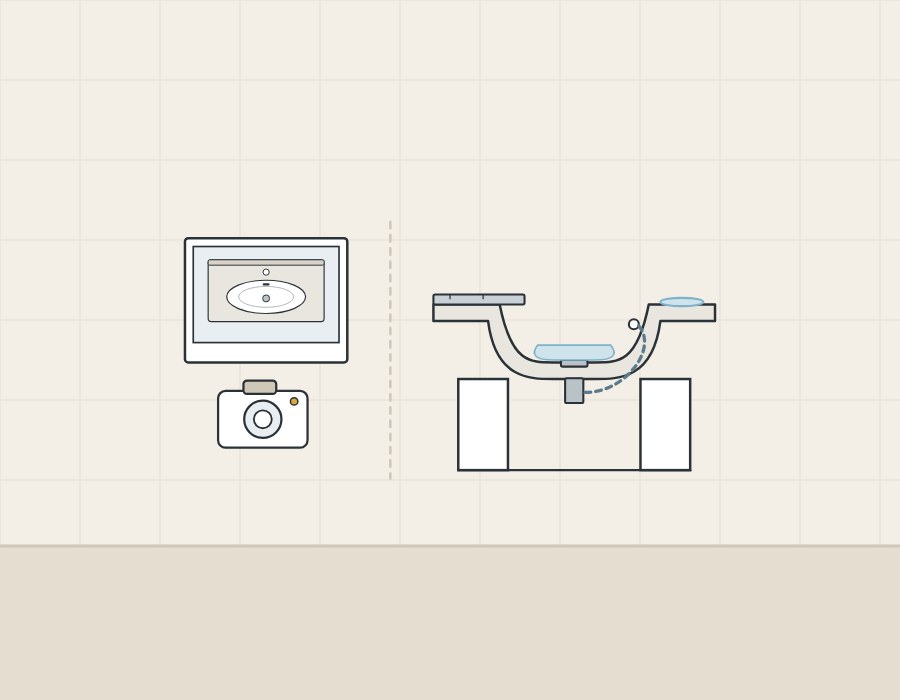 Illustration of a camera and a photograph of a top beside the same kind of top in section with water, a straightedge and a pool on the deck