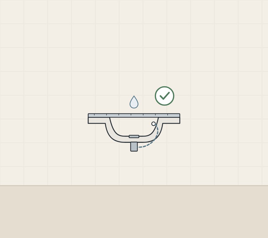 Illustration of a one-piece top with a straightedge on the deck, a water drop and a tick