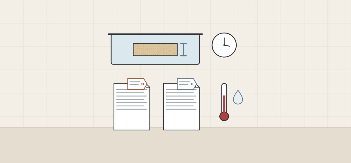Illustration of a board sample in a tray of water with a thickness bracket and a clock, above two tagged documents, a thermometer and a water drop