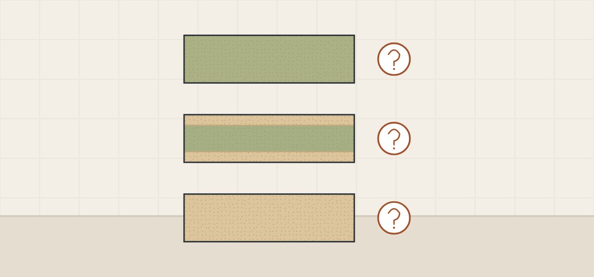 Illustration of three board edges, green throughout, green in the core only and undyed, each beside a question mark