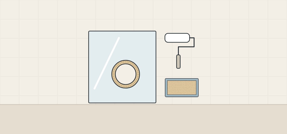 Illustration of a coated panel with a round cut-out showing a raw fiber ring, beside a paint roller and a board edge coated on all sides