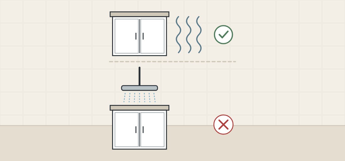 Illustration of a cabinet beside wavy lines of humid air with a check mark, above a cabinet under a spraying shower head with a cross