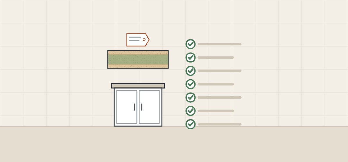 Illustration of a tagged board edge above a two-door cabinet beside a checklist of seven checked lines