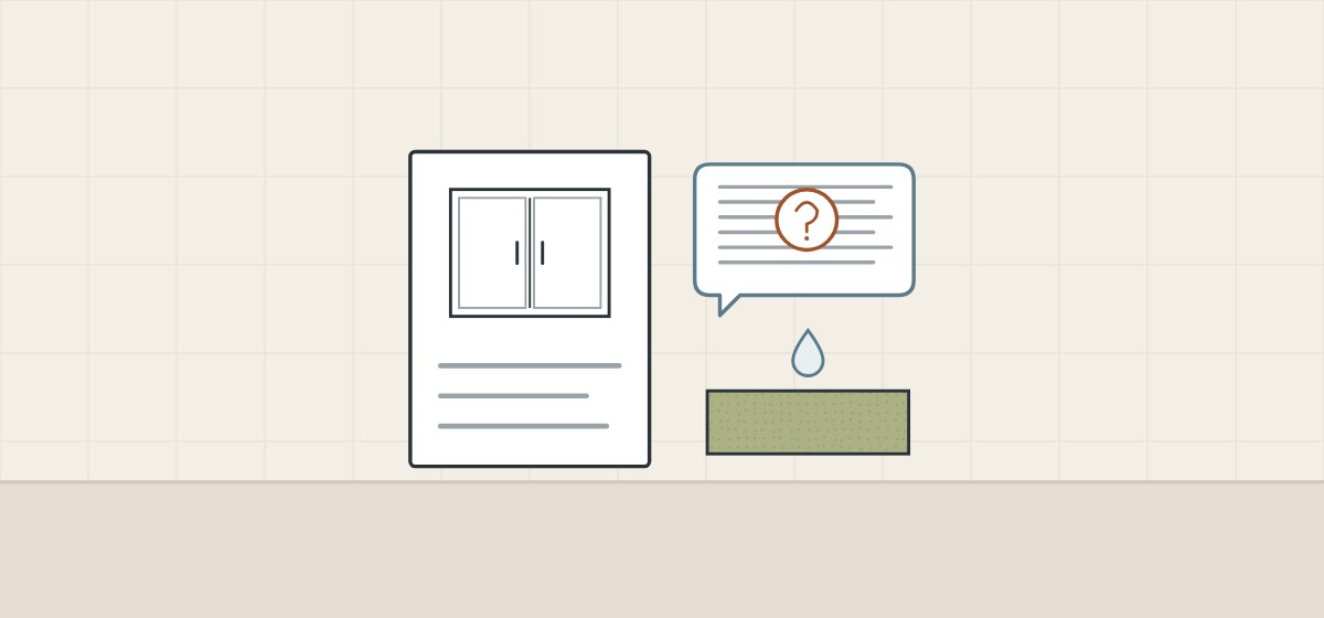 Illustration of a drawing sheet showing a cabinet, a message bubble with a question mark and a green board edge under a water drop