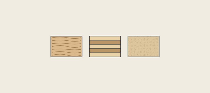Illustration: three board samples: one with wood grain, one in layers and one with a fine fiber texture
