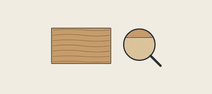 Illustration: a wood-grain panel beside a magnifier showing a thin face layer over a fiber core