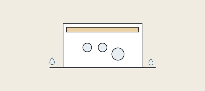 Illustration: the back panel of a cabinet with a rail and three pipe holes, and water drops at floor level