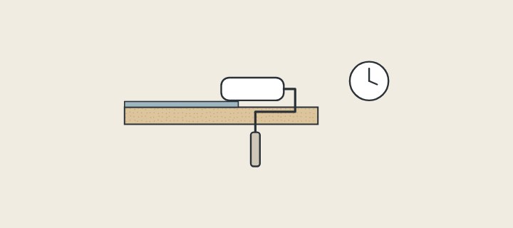 Illustration: a roller laying a coat on the face of a board beside a clock