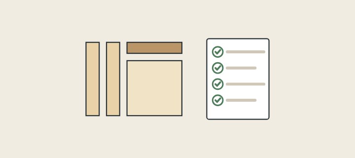 Illustration: two cabinet sides, a rail and a front laid apart beside a list of four checked lines