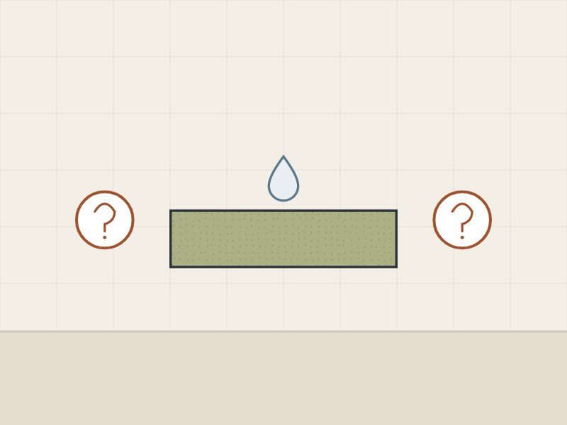 Illustration of a green board edge with a water drop above it between two question marks