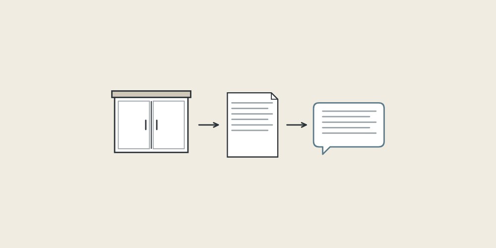 Illustration of a two-door cabinet, a document and a message bubble linked by arrows