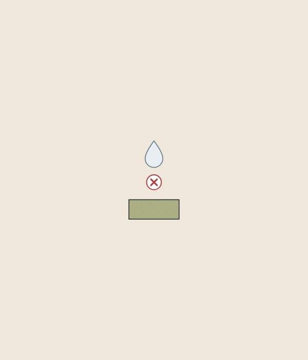 Illustration of a water drop above a cross mark and the cut edge of a green-tinted fiber board
