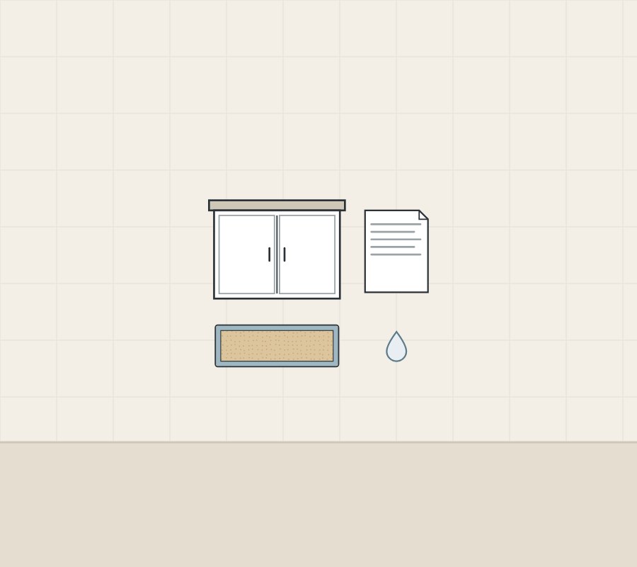 Illustration of a two-door cabinet beside a document, above a board edge coated on all sides beside a water drop
