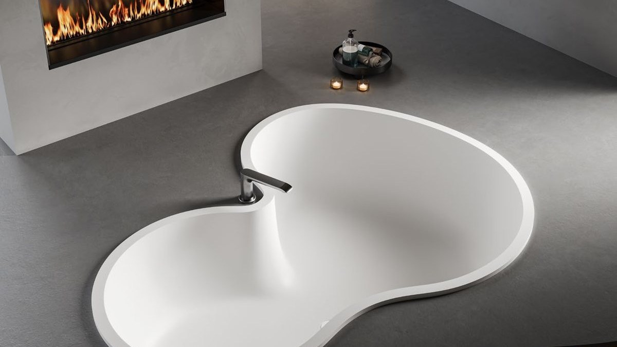 A built-in solid surface bathtub in a villa bathroom