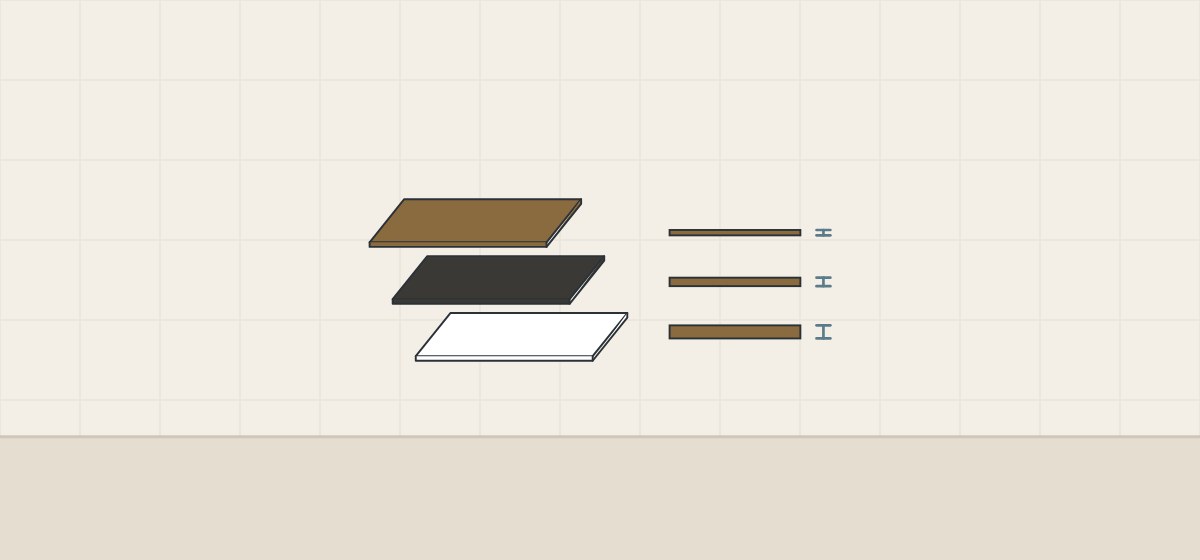 Illustration of brown and black backer sheets and a white balancer laminate lying flat beside three sheet edges of increasing thickness