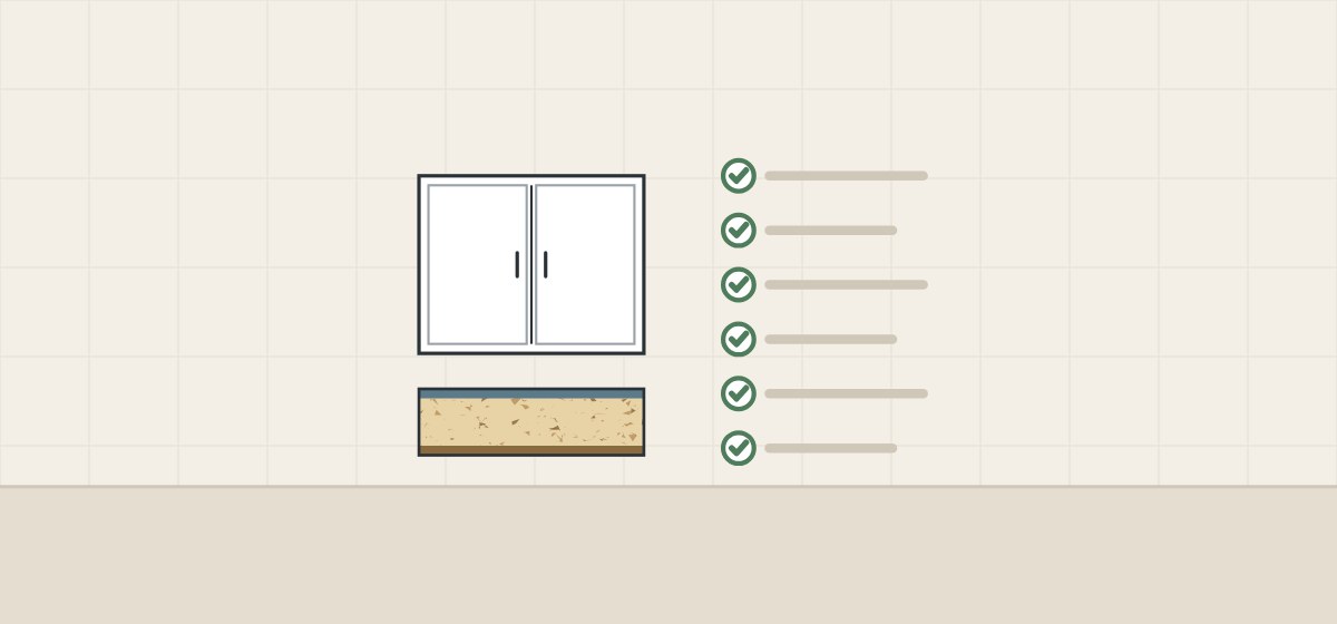 Illustration of a cabinet front above its panel section beside a checklist of six checked lines