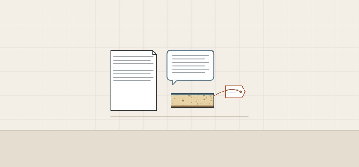 Illustration of a document, a message bubble and a cut laminated panel sample with a tag