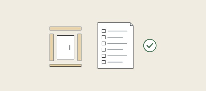 Illustration: a cabinet drawn as separate parts beside a list with boxes and a check mark