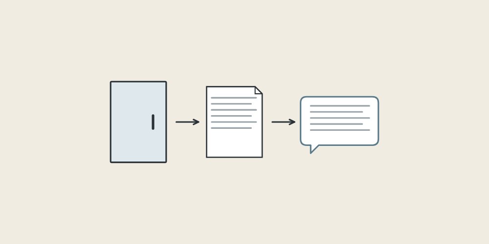 Illustration of a cabinet door front, a document and a message bubble linked by arrows